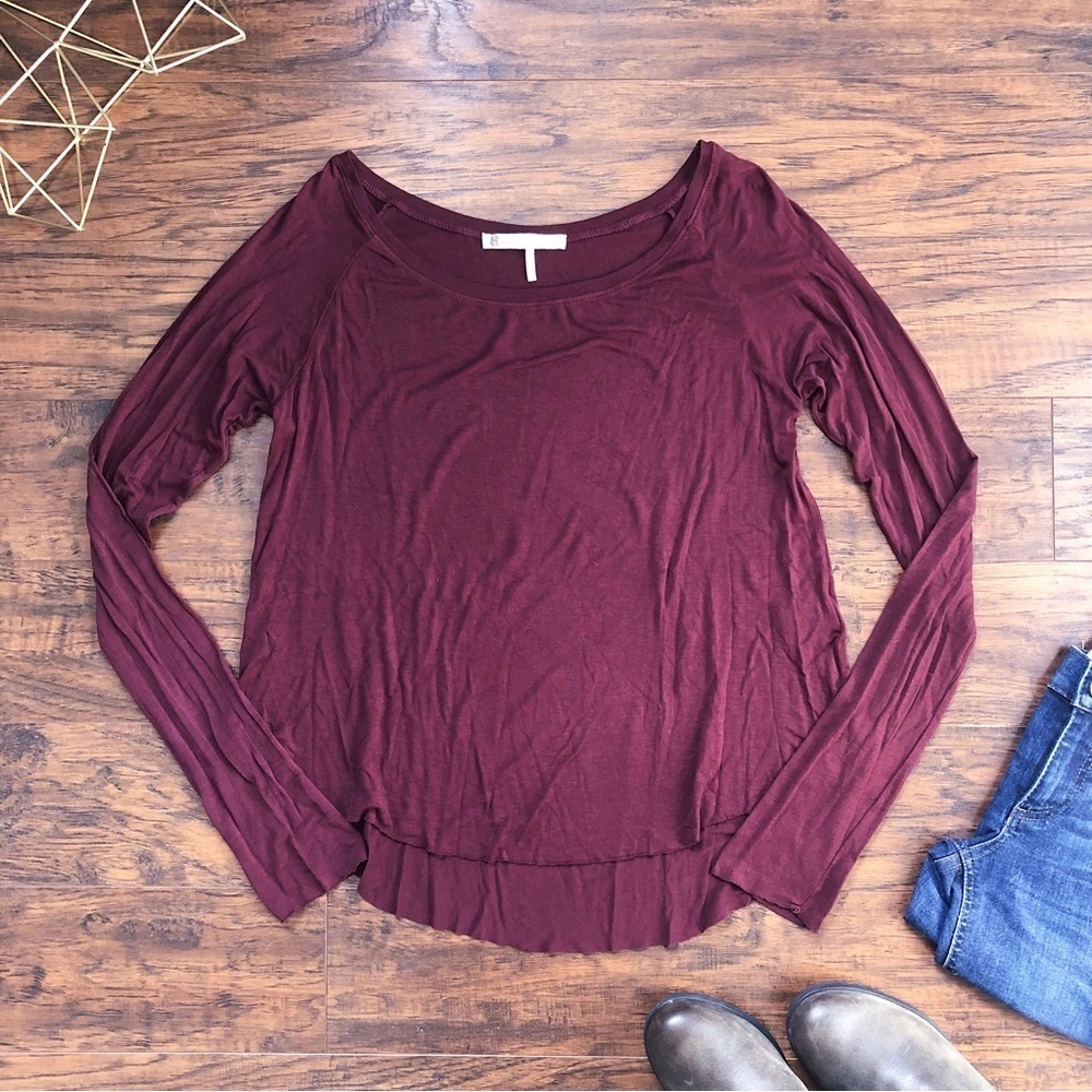 House of Harlow 1960 • lightweight tee maroon raw edge flowy long sleeve rayon